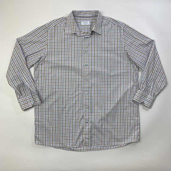 Eton Dress Shirt Mens 18 Brown Blue Gingham Check Contemporary Business Dress - Picture 2 of 11
